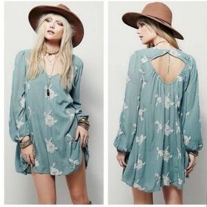 Free People Embroidered Mini Dress Sage Green Boho Cutout Size S